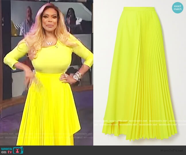 Christopher John Rogers Neon asymmetric pleated poplin skirt worn by Wendy Williams on The Wendy Williams Show
