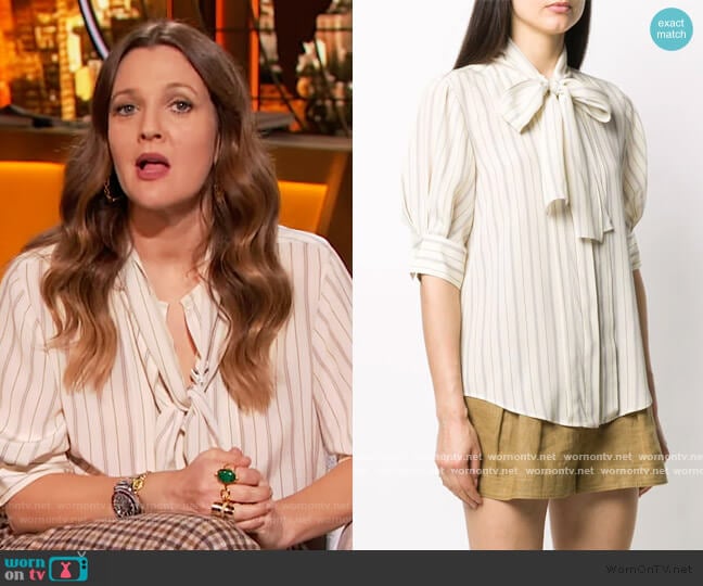 Chloe Striped Pussy-bow Blouse worn by Drew Barrymore on The Drew Barrymore Show