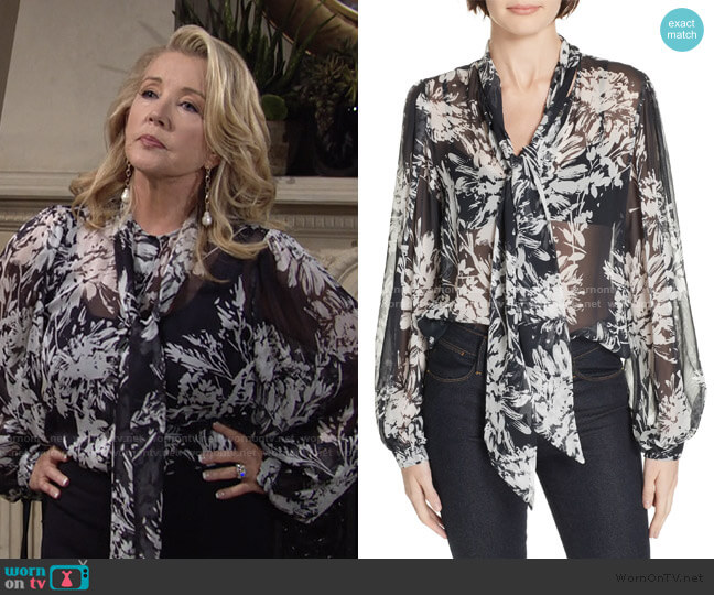 Equipment Cleone Tie Neck Sheer Floral Silk Blouse worn by Nikki Reed Newman (Melody Thomas-Scott) on The Young and the Restless
