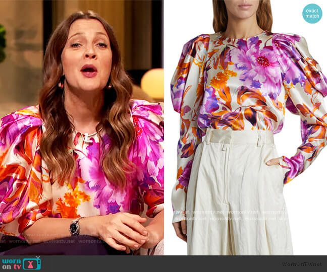 Dries Van Noten Coal Puff-Sleeve Floral Satin Top worn by Drew Barrymore on The Drew Barrymore Show