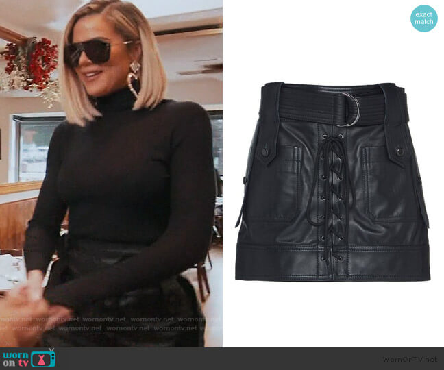 Dundas Belted Lace-Up Leather Mini Skirt worn by Khloe Kardashian on Keeping Up with the Kardashians