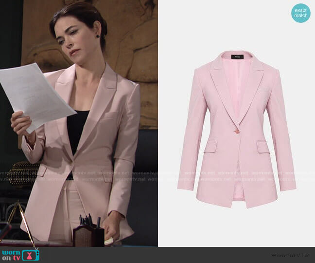 Theory Etiennette B Blazer in Baby Pink worn by Victoria Newman (Amelia Heinle) on The Young and the Restless