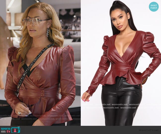 Fashion Nova Girl In The City PU Leather Blouse worn by Gizelle Bryant on The Real Housewives of Potomac