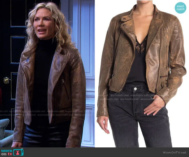 Free People Fenix Snake Embossed Faux Leather Moto Jacket worn by Kristen DiMera (Stacy Haiduk) on Days of our Lives