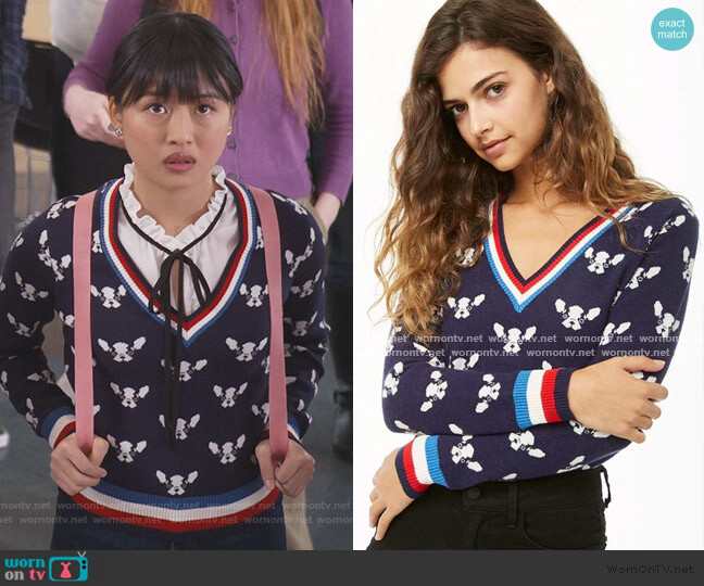 Forever 21 French Bulldog Pullover worn by Rachelle Cohen-Strauss (Haley Tju) on Trinkets