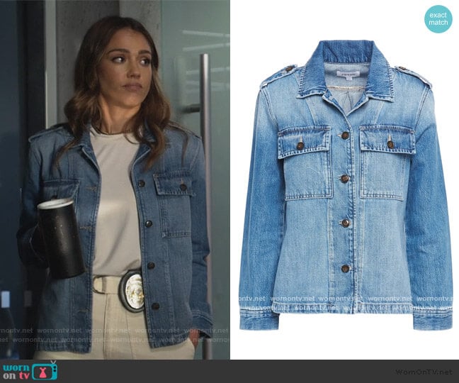 Frame Button-detailed faded denim jacket worn by Nancy McKenna (Jessica Alba) on LA's Finest