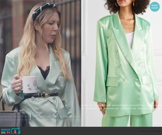 Frankie Shop Karen double-breasted satin blazer worn by Katherine (Katherine Ryan) on The Duchess