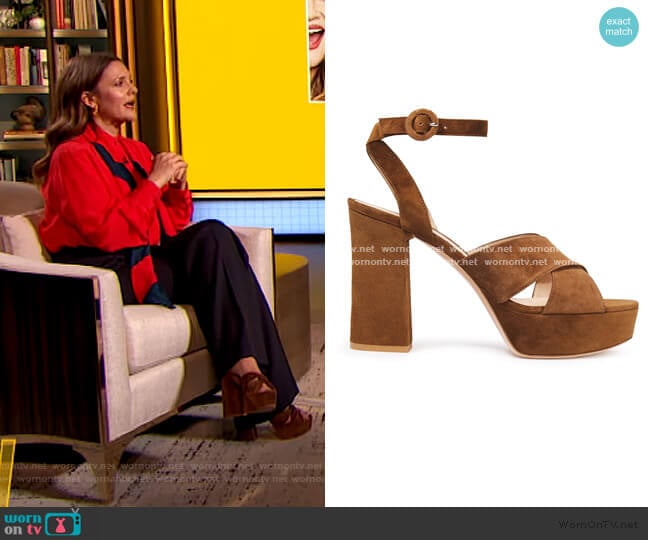 Gianvito Rossi Roxy 105 suede platform sandals worn by Drew Barrymore on The Drew Barrymore Show