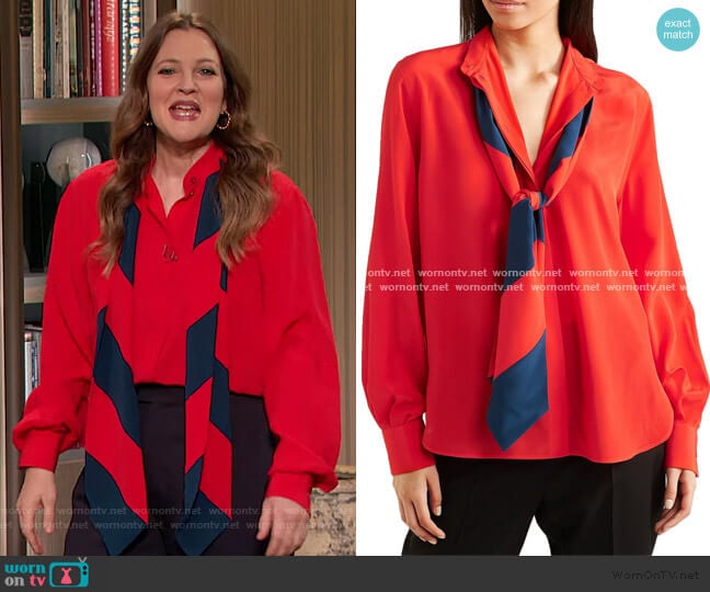 Givenchy Pussy-bow silk crepe de chine blouse worn by Drew Barrymore on The Drew Barrymore Show