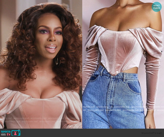 House of CB Pink Velvet Off Shoulder Top worn by Candiace Dillard Bassett on The Real Housewives of Potomac