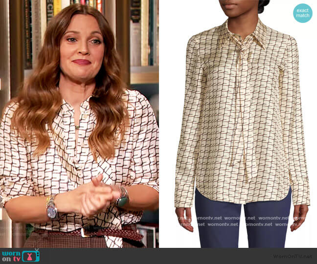 Lafayatte 148 Diana Tie-Neck Silk Blouse worn by Drew Barrymore on The Drew Barrymore Show