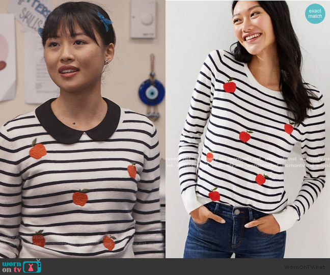 Loft Embroidered Apple Striped Sweater worn by Rachelle Cohen-Strauss (Haley Tju) on Trinkets