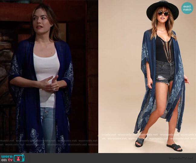 Lulus Exotic Sol Mint and Navy Blue Print Kimono worn by Hope Logan (Annika Noelle) on The Bold and the Beautiful
