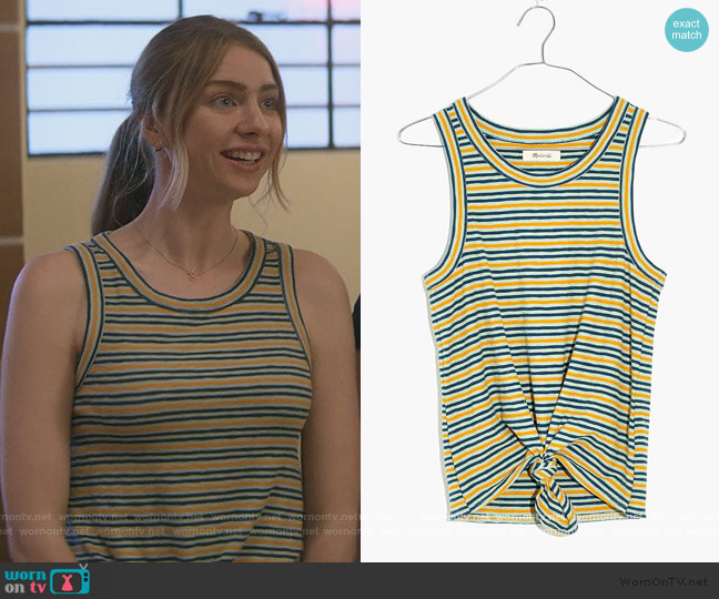 Madewell Audio Knot-Front Tank Top in Stripe worn by Sterling Wesley (Maddie Phillips) on Teenage Bounty Hunters