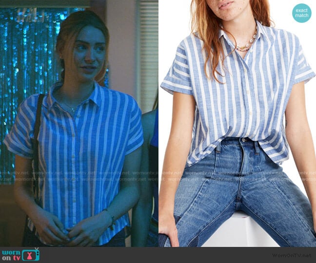 Madewell Stripe Crop Button-Up Shirt worn by Sterling Wesley (Maddie Phillips) on Teenage Bounty Hunters