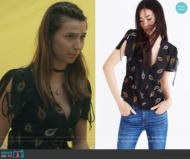 Madewell Silk Belle Top in Peacock Feathers worn by Blair Wesley (Anjelica Bette Fellini) on Teenage Bounty Hunters