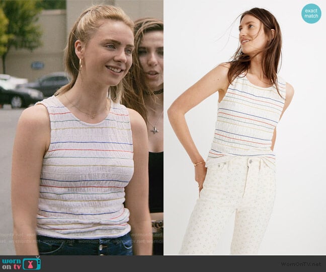 Madewell Texture & Thread Rainbow-Stitch Smocked Tank Top worn by Sterling Wesley (Maddie Phillips) on Teenage Bounty Hunters