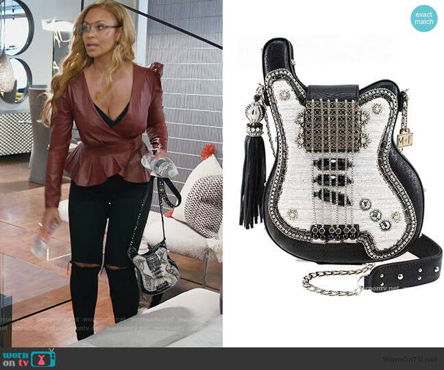Mary Frances Greatest Hits Beaded Guitar Crossbody Handbag Purse worn by Gizelle Bryant on The Real Housewives of Potomac