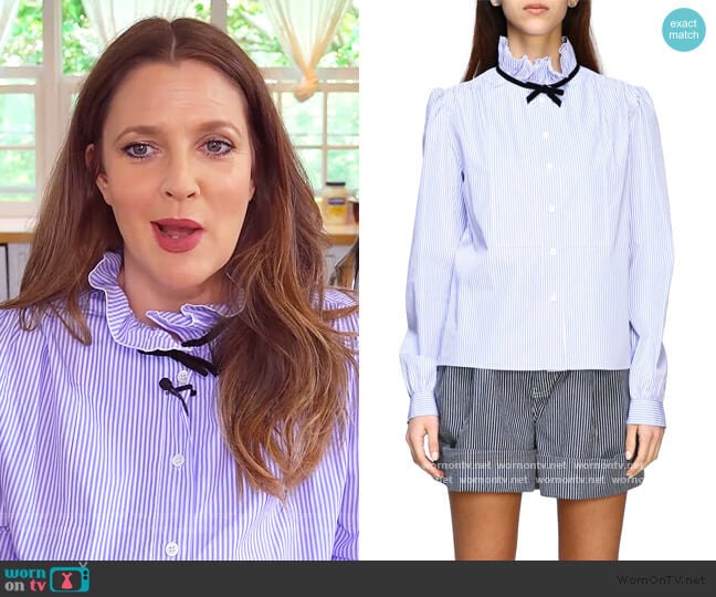 Miu Miu striped shirt with rouches collar and bow worn by Drew Barrymore on The Drew Barrymore Show
