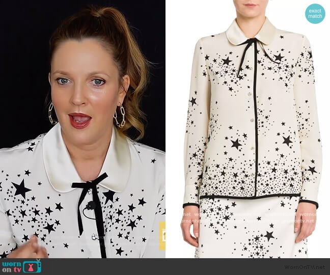 Miu Miu St Stars Marocain Silk Blouse worn by Drew Barrymore on The Drew Barrymore Show