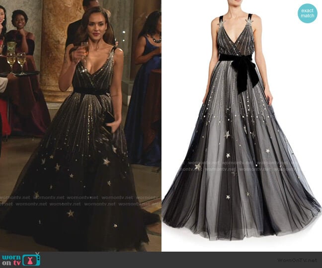 Monique Lhuillier Star-Embroidered V-Neck Ball Gown worn by Nancy McKenna (Jessica Alba) on LA's Finest