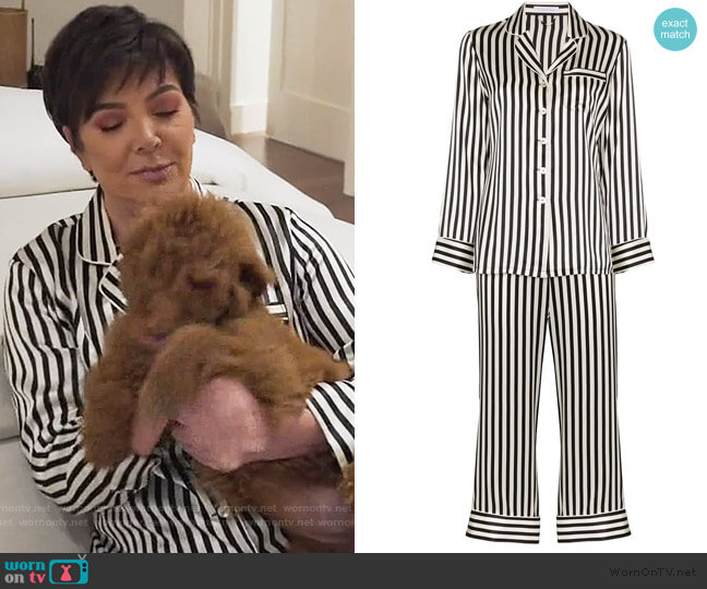 Olivia Von Halle Lila striped silk-satin pajama set worn by Kris Jenner on Keeping Up with the Kardashians
