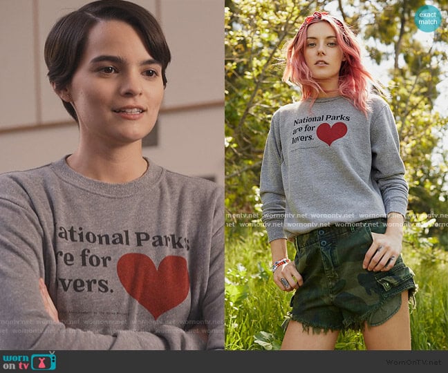 Parks Project Parks Are For Lovers Sweatshirt worn by Elodie Davis (Brianna Hildebrand) on Trinkets