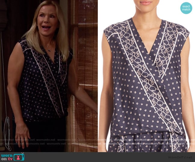 Phillip Lim 3.1 Navy Silk Scarf Printed Top worn by Brooke Logan (Katherine Kelly Lang) on The Bold and the Beautiful
