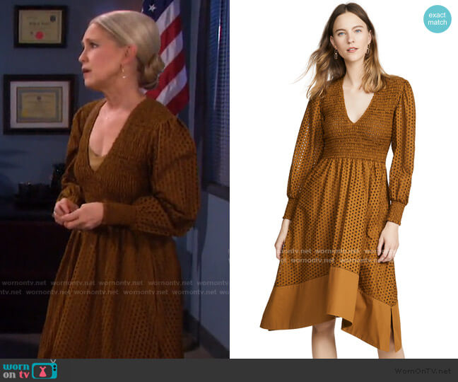 Proenza Schouler White Label Long Sleeve Smocked Top Dres worn by Jennifer Horton (Melissa Reeves) on Days of our Lives
