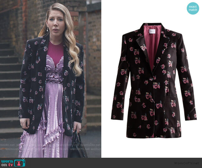 Racil Alfred floral-print single-breasted velvet blazer worn by Katherine (Katherine Ryan) on The Duchess