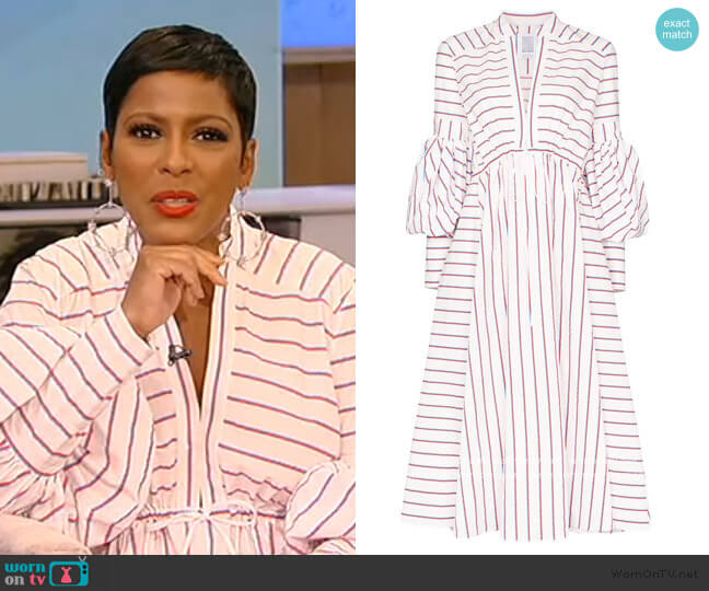 Rosie Assoulin lantern-sleeve stripe midi dress worn by Tamron Hall on Tamron Hall Show