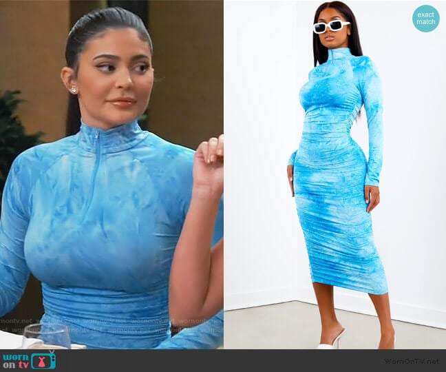 Sosorella Sorella Sky Blue Mock Neck Zippered Dress worn by Kylie Jenner on Keeping Up with the Kardashians