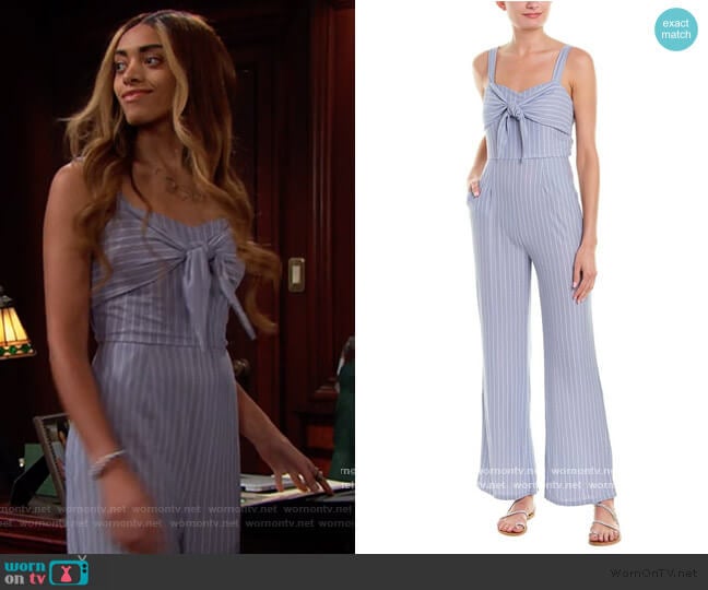 Sage the Label Wild One Striped Tie-Detail Jumpsuit worn by Zoe (Kiara Barnes) on The Bold and the Beautiful