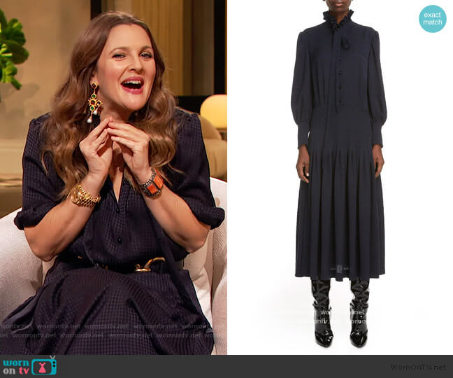 Saint Laurent Houndstooth Jacquard Long Sleeve Midi Dress worn by Drew Barrymore on The Drew Barrymore Show