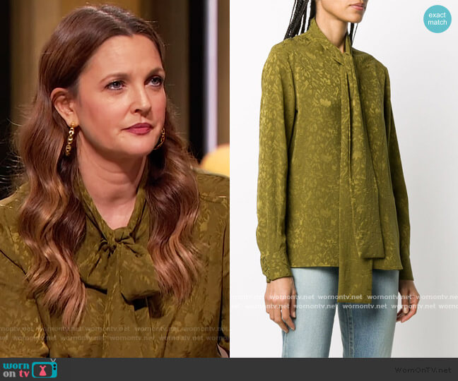 Saint Laurent Tie neck Silk Jacquard Shirt worn by Drew Barrymore on The Drew Barrymore Show