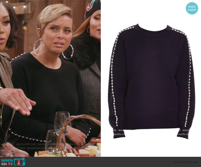 Sandro Wool Blend Embellished Crew Sweater worn by Robyn Dixon on The Real Housewives of Potomac