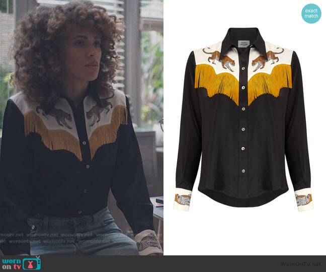 Silken Favours Black Leopard Cowboy Shirt with Fringing worn by Bev (Michelle de Swarte) on The Duchess
