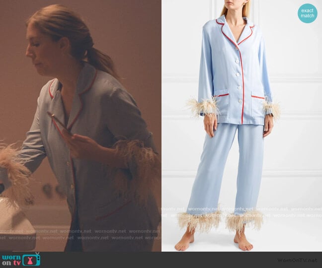 Sleeper Satin and feather-trimmed crepe de chine pajama set worn by Katherine (Katherine Ryan) on The Duchess
