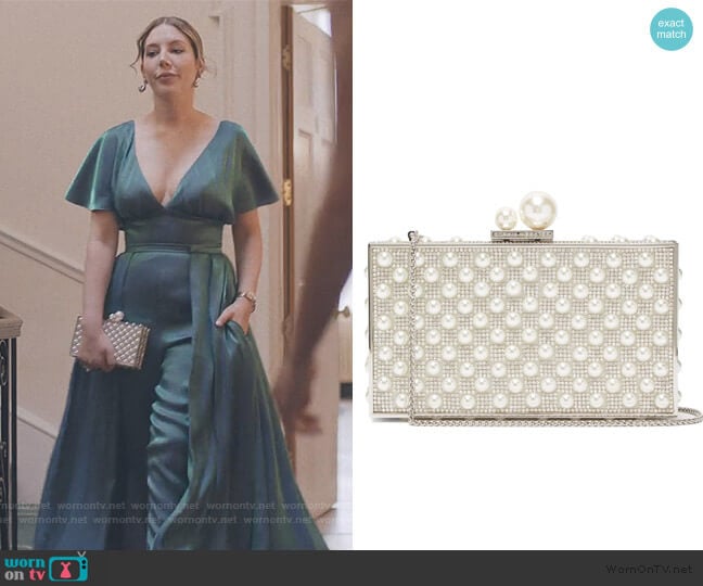 Sophia Webster Clara pearl and crystal-embellished box clutch worn by Katherine (Katherine Ryan) on The Duchess