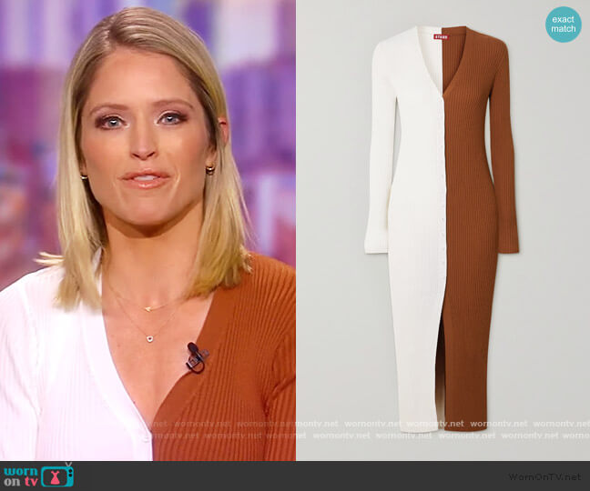 Staud Shoko two-tone ribbed stretch-knit cardigan worn by Sara Haines on The View
