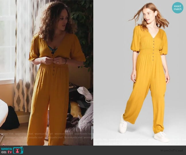 Wild Fable Mustard Puff Jumpsuit worn by Ashley Darby on The Real Housewives of Potomac