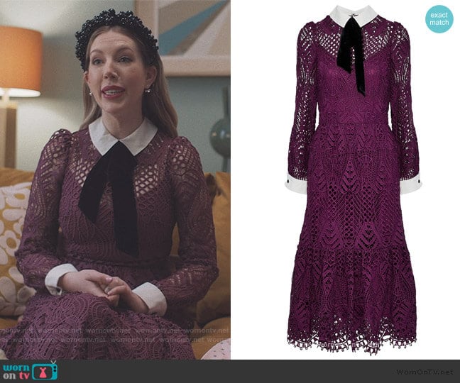 Temperly London New Moon velvet-trimmed corded lace midi dress worn by Katherine (Katherine Ryan) on The Duchess