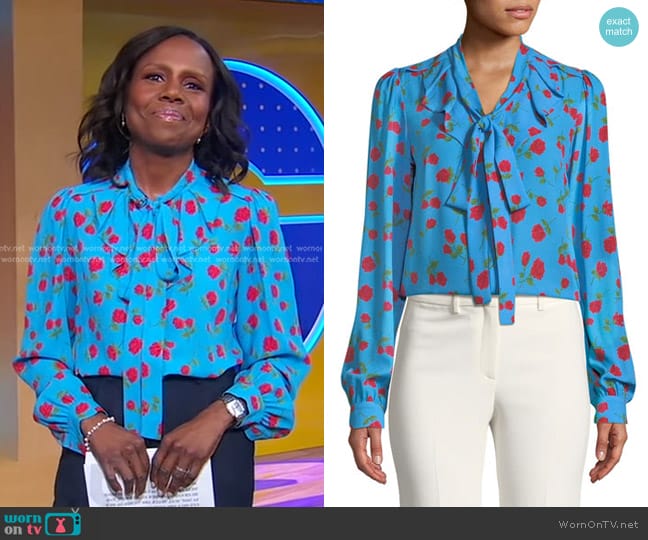 Michael Kors Collection Tie-Neck Scattered Rose-Print Blouse worn by Deborah Roberts on Good Morning America