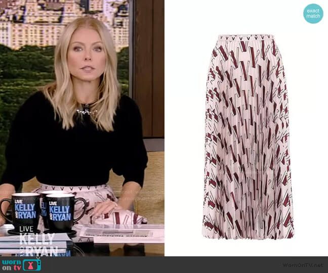 Valentino V-print pleated skirt worn by Kelly Ripa on Live with Kelly and Mark