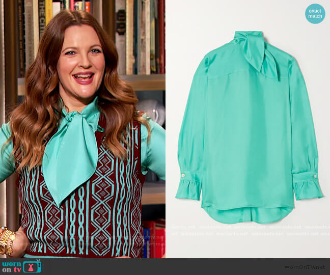 Victoria Beckham Tie-neck silk-twill blouse worn by Drew Barrymore on The Drew Barrymore Show
