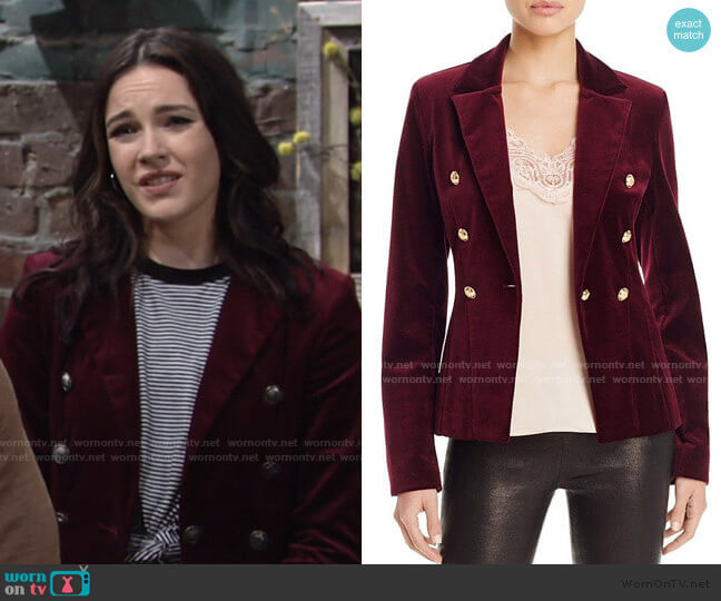 Aqua x Maddie & Tae Velvet Gold Button Blazer worn by Tessa Porter (Cait Fairbanks) on The Young and the Restless