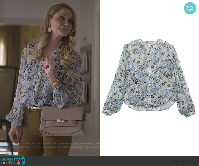 Veronica Beard Ashlynn Floral Print Silk Blouse worn by Debbie Wesley (Virginia Williams) on Teenage Bounty Hunters