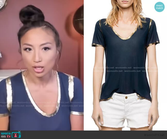 Zadig & Voltaire Tino Gold Foil-Trimmed Tee worn by Jeannie Mai on The Real