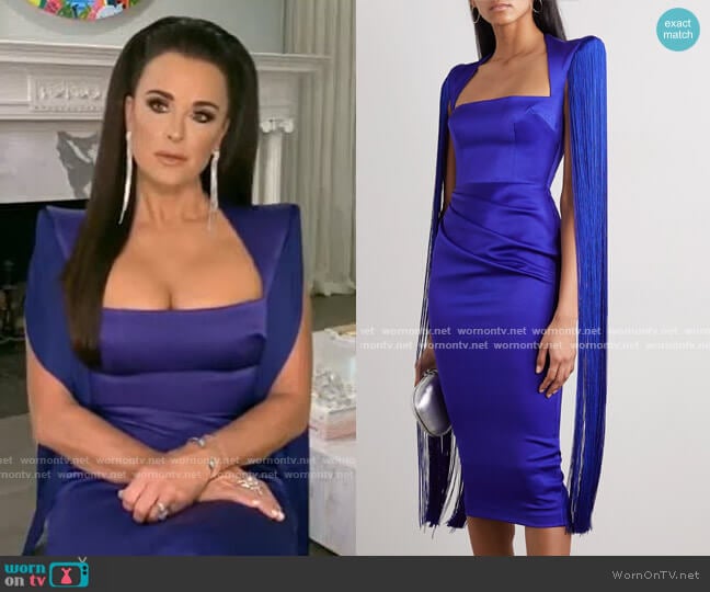 Alex Perry Delany Fringed draped Satin Midi Dress worn by Kyle Richards on The Real Housewives of Beverly Hills