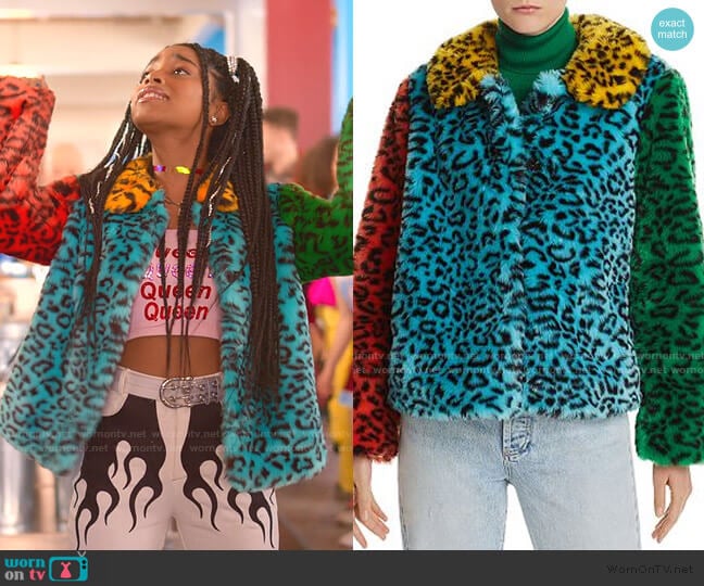 Alice + Olivia Jerri Color-Block Leopard-Print Faux Fur Coat worn by Flynn (Jadah Marie) on Julie and the Phantoms